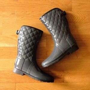 Hunter Original Refined Quilted Rain Boots Womens Gray Glossy 10 Tall Waterproof